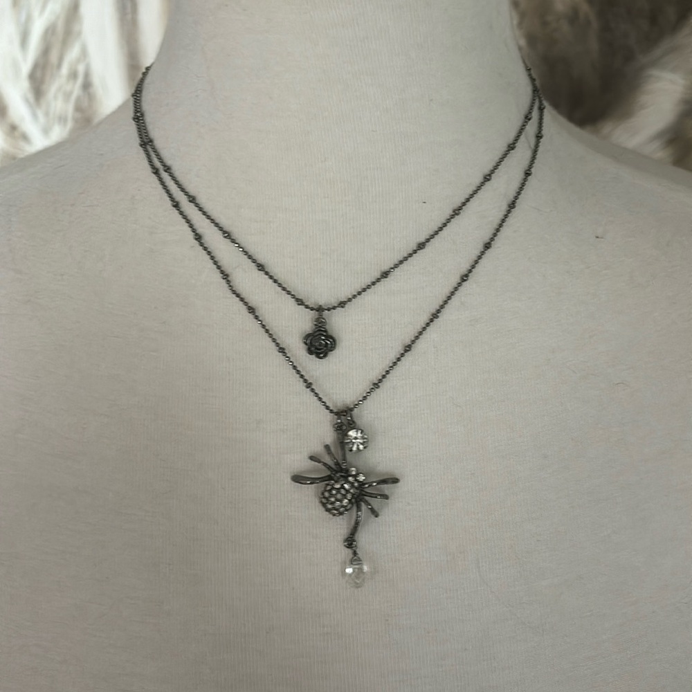 Betsey Johnson silver spider necklace Halloween rhinestones